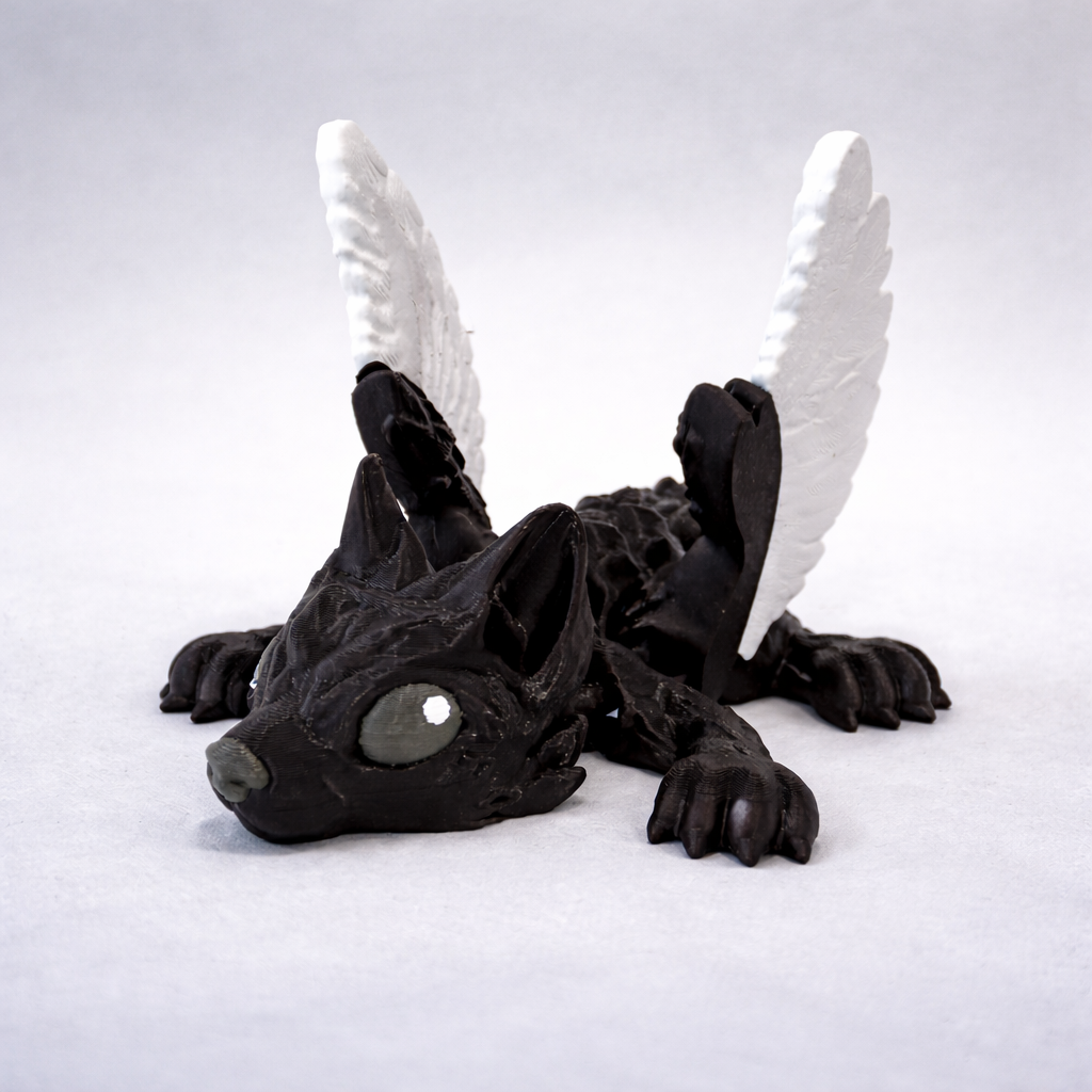 Schwarze fliegende Wolf Figur mit weißen Flügeln als 3D-Druck in seitlicher Ansicht
